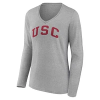 Women's Fanatics Heather Gray USC Trojans Basic Arch Long Sleeve V-Neck T-Shirt