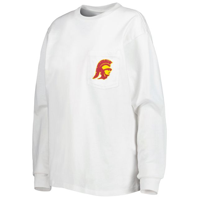 T-shirt à manches longues avec poche surdimensionnée USC Trojans League Collegiate Wear pour femmes, blanc