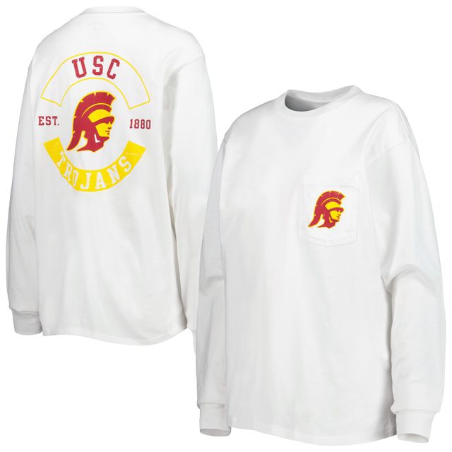 T-shirt à manches longues avec poche surdimensionnée USC Trojans League Collegiate Wear pour femmes, blanc