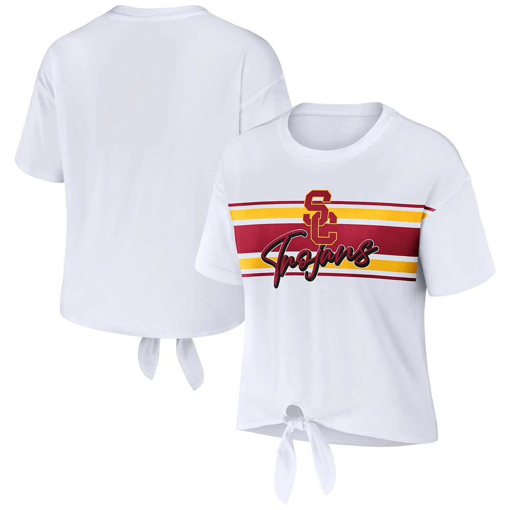 Women's WEAR by Erin Andrews White USC Trojans Striped Front Knot Cropped T-Shirt
