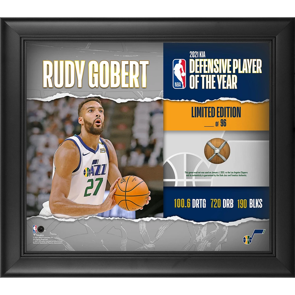 Rudy Gobert Utah Jazz Framed 15" x 17" Kia 2021 Defensive Player of the Year Collage with A Piece of Game-Used Net - Limited Edition of 96