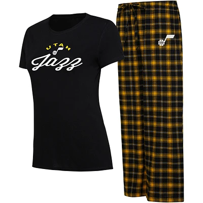 Ensemble de nuit pour femme College Concepts noir/or Utah Jazz Arctic T-shirt et pantalon en flanelle