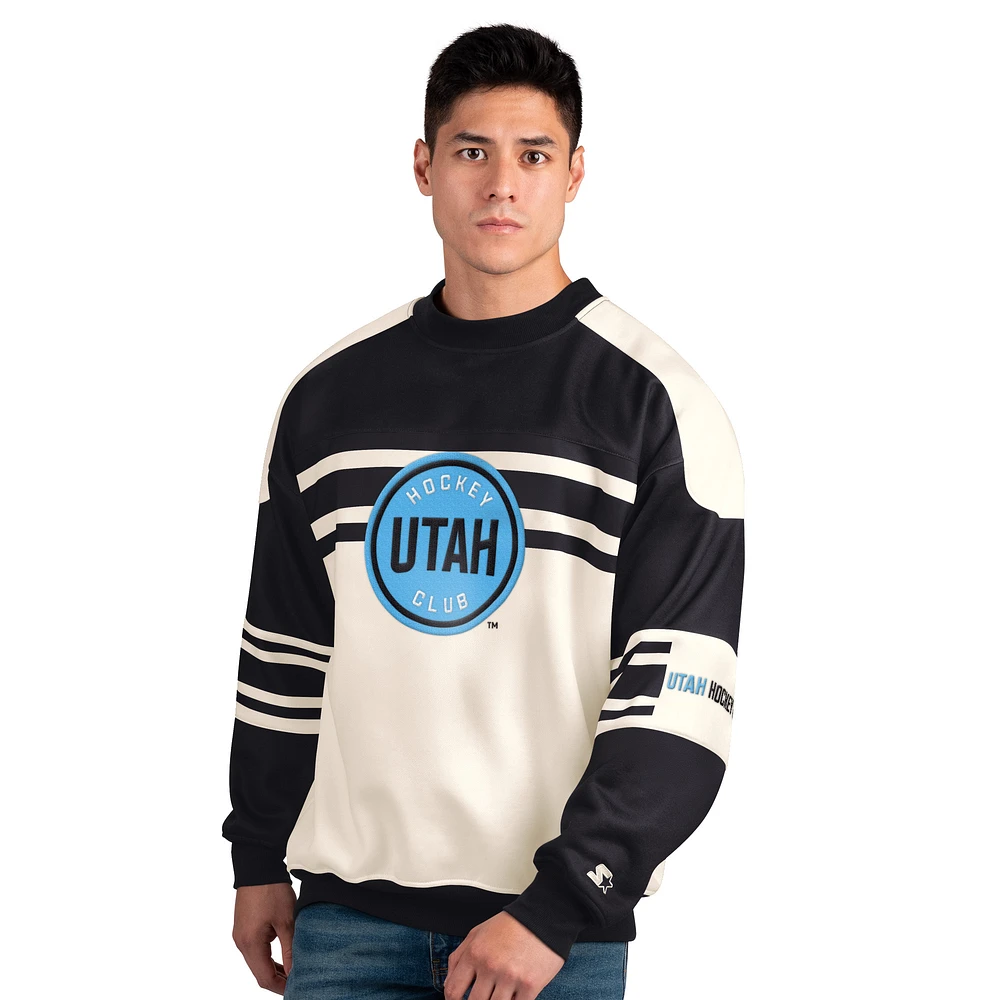 Men's Starter White/Black Utah Hockey Club Defense Fleece Crewneck Pullover Sweatshirt