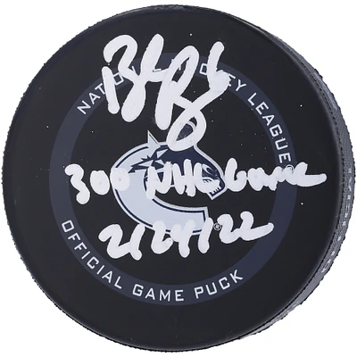 Brock Boeser Vancouver Canucks Autographed Official Game Puck with "300th NHL Game 2/24/22" Inscription