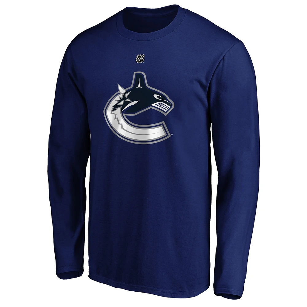 Men's Fanatics Elias Pettersson Blue Vancouver Canucks Authentic Stack Name & Number - Long Sleeve T-Shirt