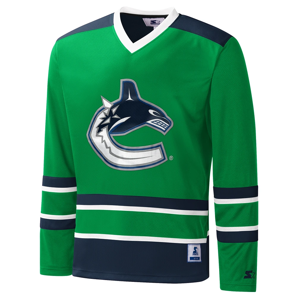 Men's Starter Green Vancouver Canucks Cross-Check V-Neck - Long Sleeve T-Shirt