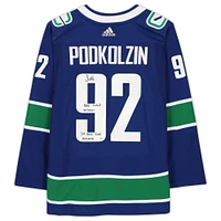 Vasily Podkolzin Vancouver Canucks Autographed Blue Adidas Authentic Jersey with "NHL Debut 10/13/21'' and ''1st NHL Goal 10/15/21" Inscriptions - Limited Edition of 21