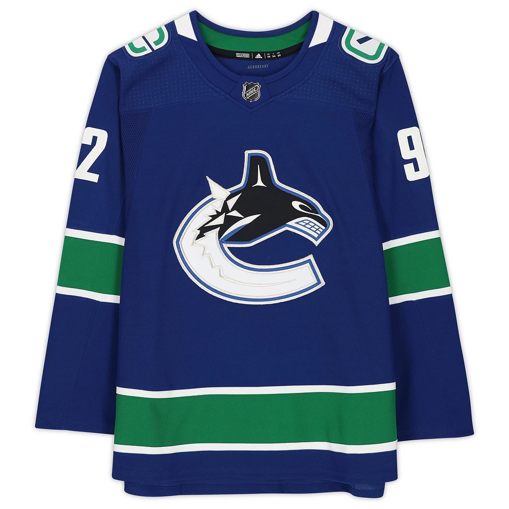 Vasily Podkolzin Vancouver Canucks Autographed Blue Adidas Authentic Jersey with "NHL Debut 10/13/21'' and ''1st NHL Goal 10/15/21" Inscriptions - Limited Edition of 21