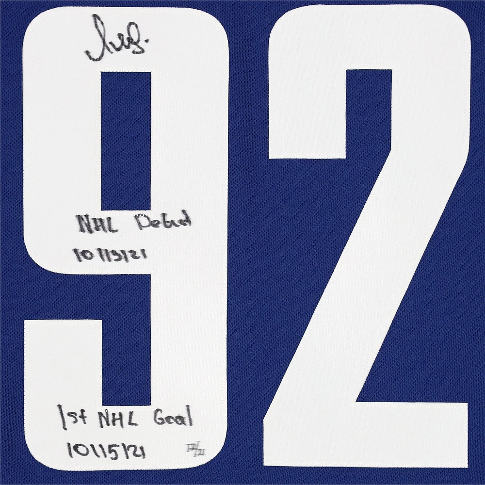 Vasily Podkolzin Vancouver Canucks Autographed Blue Adidas Authentic Jersey with "NHL Debut 10/13/21'' and ''1st NHL Goal 10/15/21" Inscriptions - Limited Edition of 21