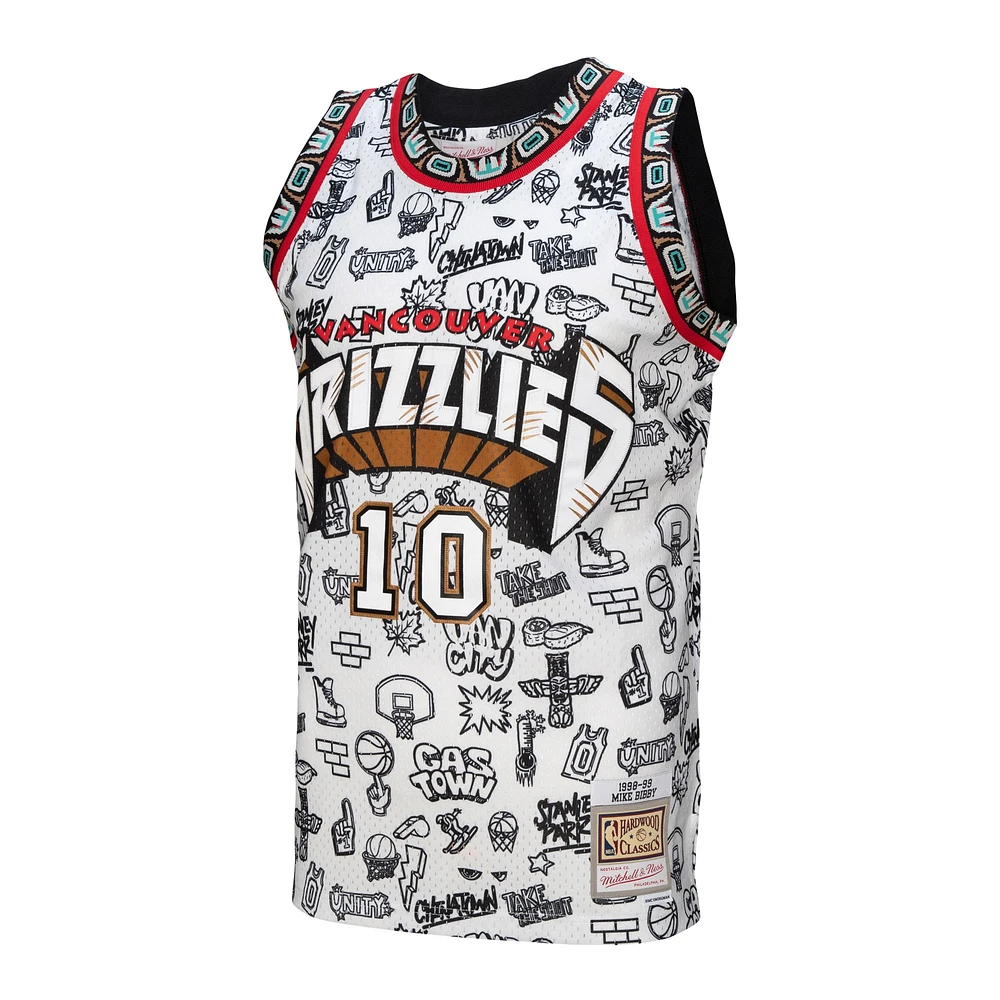 Men's Mitchell & Ness Mike Bibby White Vancouver Grizzlies 1998/99 Hardwood Classics Doodle Swingman - Jersey