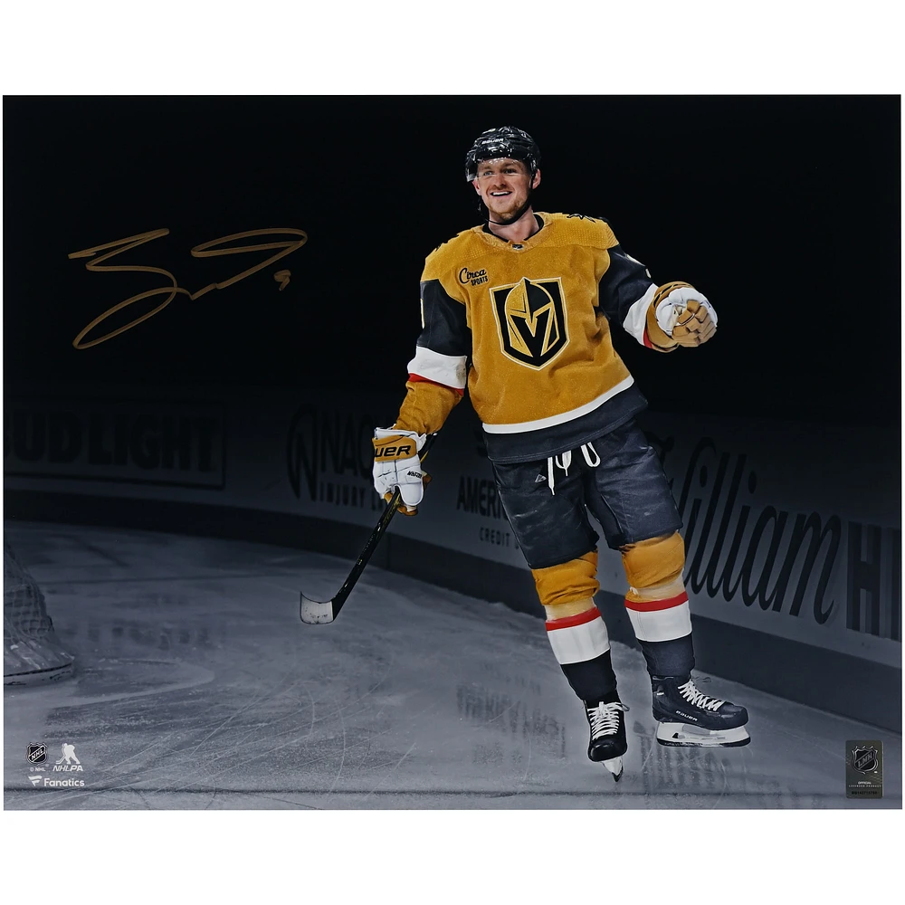 Jack Eichel Vegas Golden Knights Autographed 16" x 20" Gold Jersey Celebration Spotlight Photograph