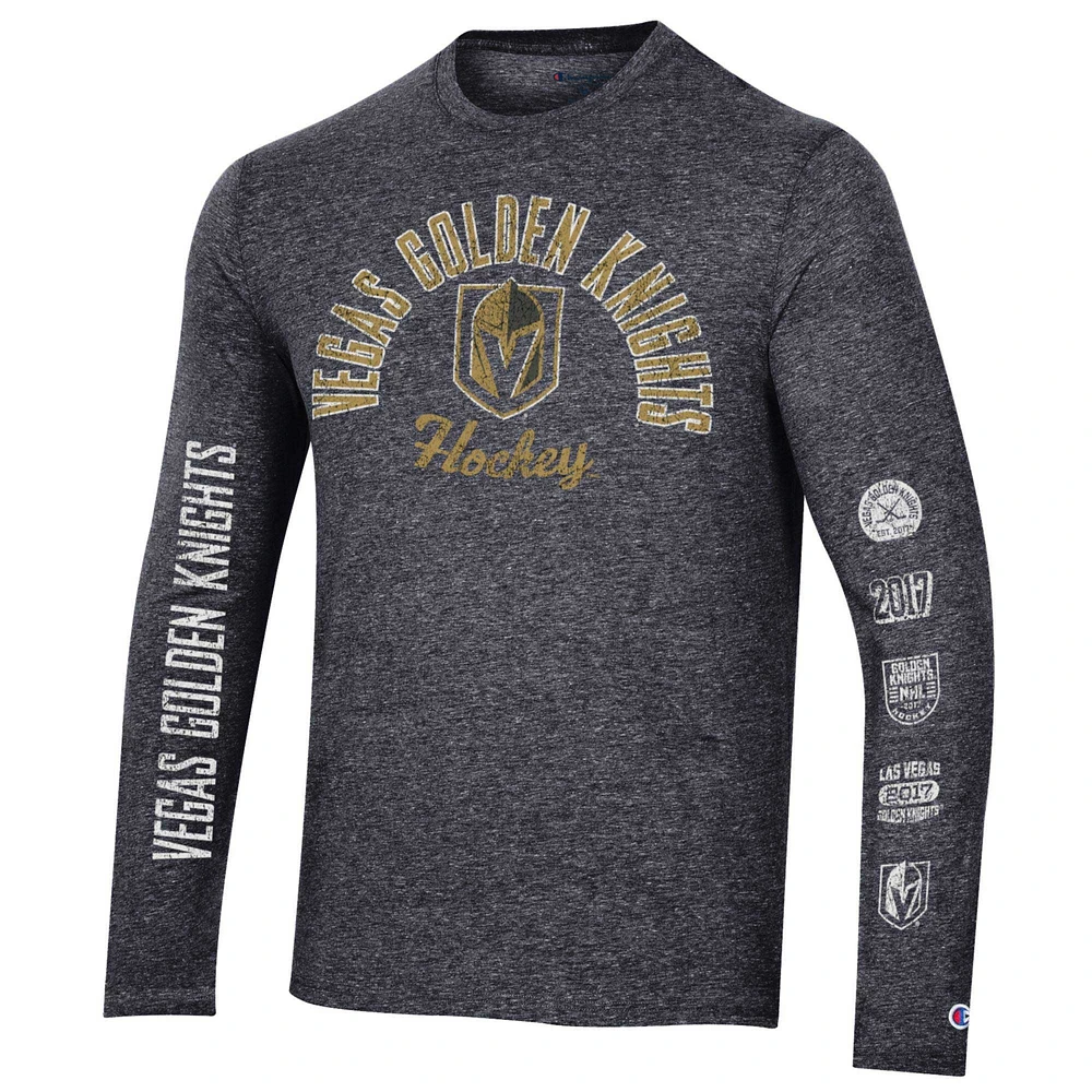 Men's Champion Black Vegas Golden Knights Multi-Logo Tri-Blend Long Sleeve T-Shirt