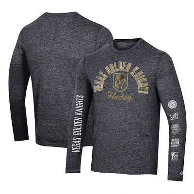 T-shirt à manches longues trois mélanges multi-logos Champion Black Vegas Golden Knights pour hommes