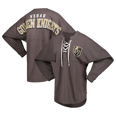 T-shirt en jersey à manches longues et col V lacets Charcoal Vegas Golden Knights Spirit de marque Fanatics pour femmes