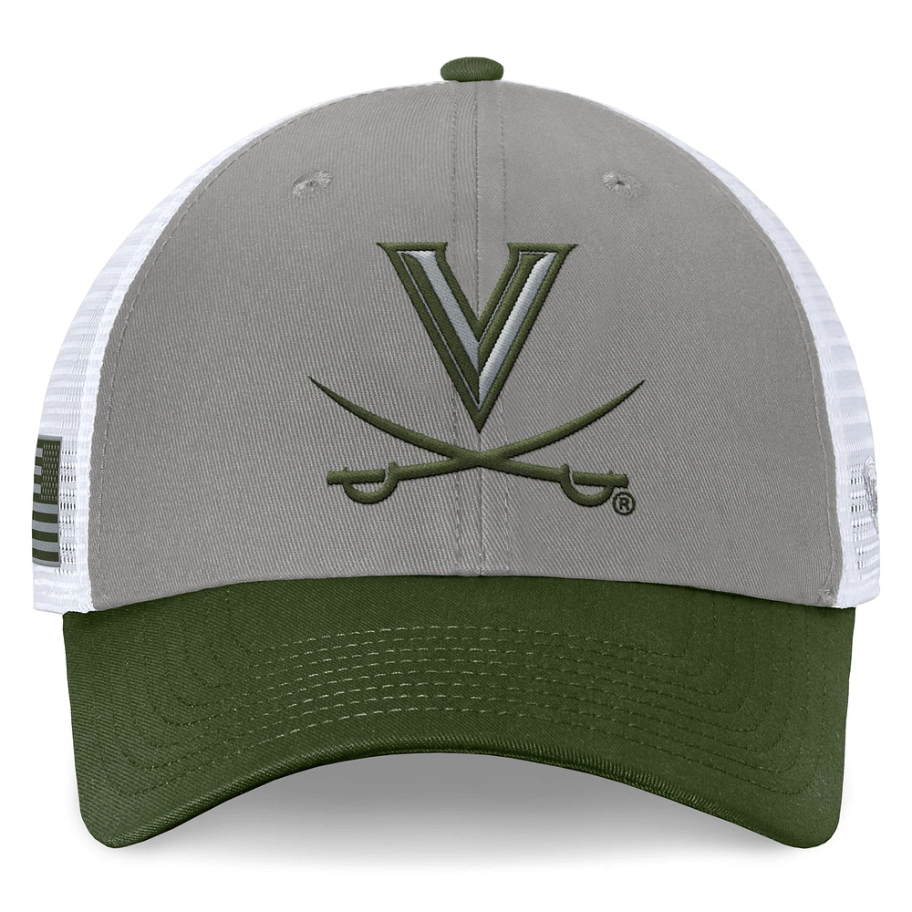 Men's Top of the World Gray/Green Virginia Cavaliers OHT Military Appreciation Badge Trucker Adjustable Hat