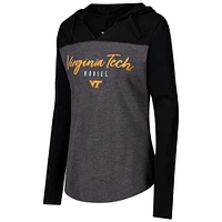 T-shirt à capuche manches longues et col en V pour femmes Heather Charcoal Virginia Tech Hokies Knockout Color Block