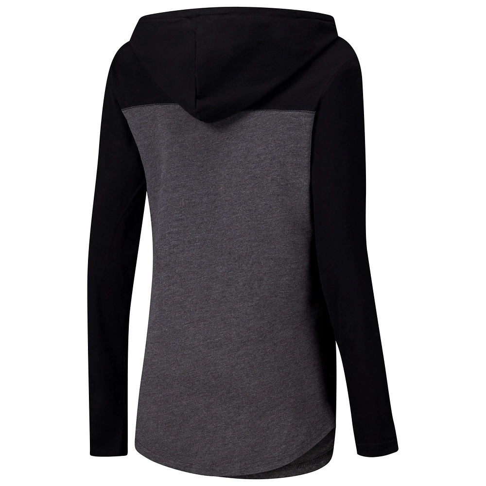 T-shirt à capuche manches longues et col en V pour femmes Heather Charcoal Virginia Tech Hokies Knockout Color Block