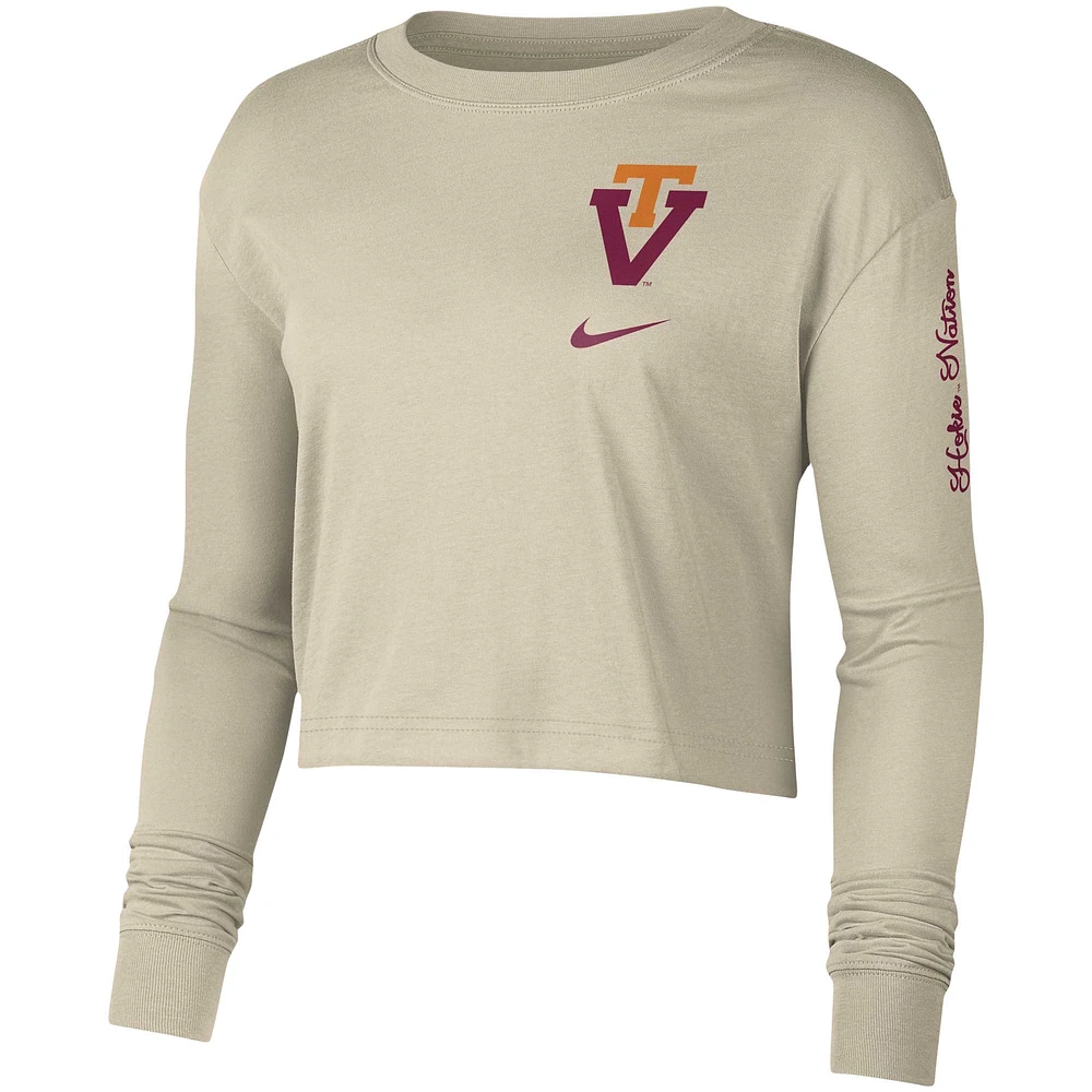 Women's Nike Cream Virginia Tech Hokies Varsity Letter Long Sleeve Crop Top