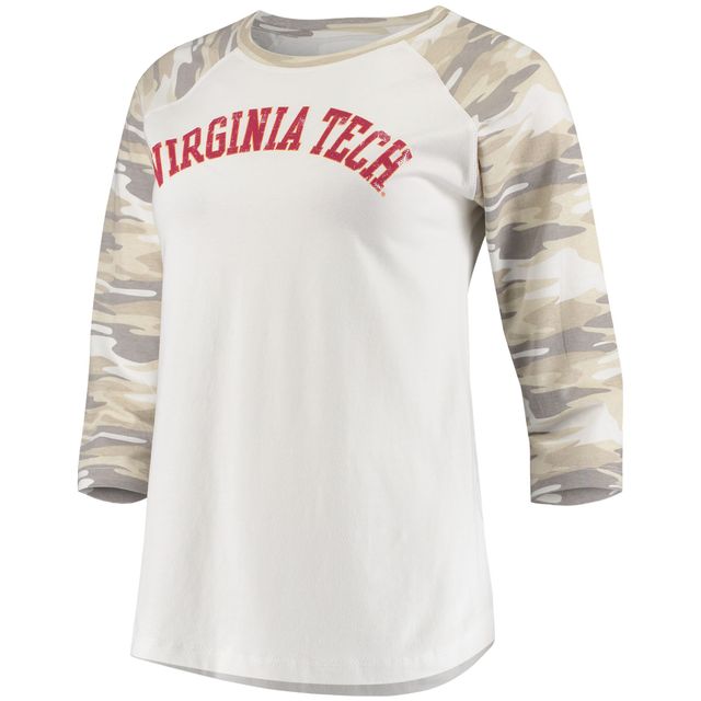 T-shirt à manches 3/4 raglan de baseball Virginia Tech Hokies Boyfriend pour femme, blanc/camouflage