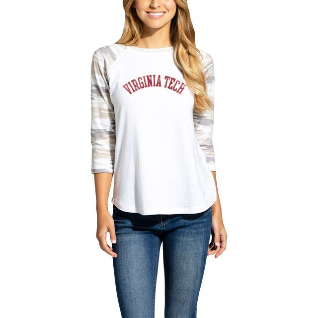 T-shirt à manches 3/4 raglan de baseball Virginia Tech Hokies Boyfriend pour femme, blanc/camouflage