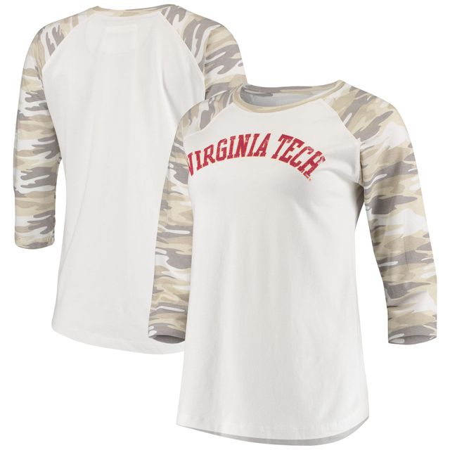 T-shirt à manches 3/4 raglan de baseball Virginia Tech Hokies Boyfriend pour femme, blanc/camouflage