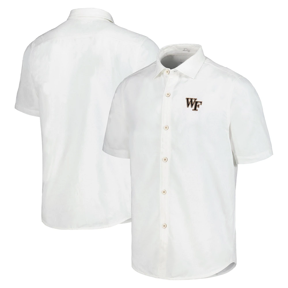 Men's Tommy Bahama White Wake Forest Demon Deacons Coconut Point Palm Vista IslandZone Camp Button-Up Shirt