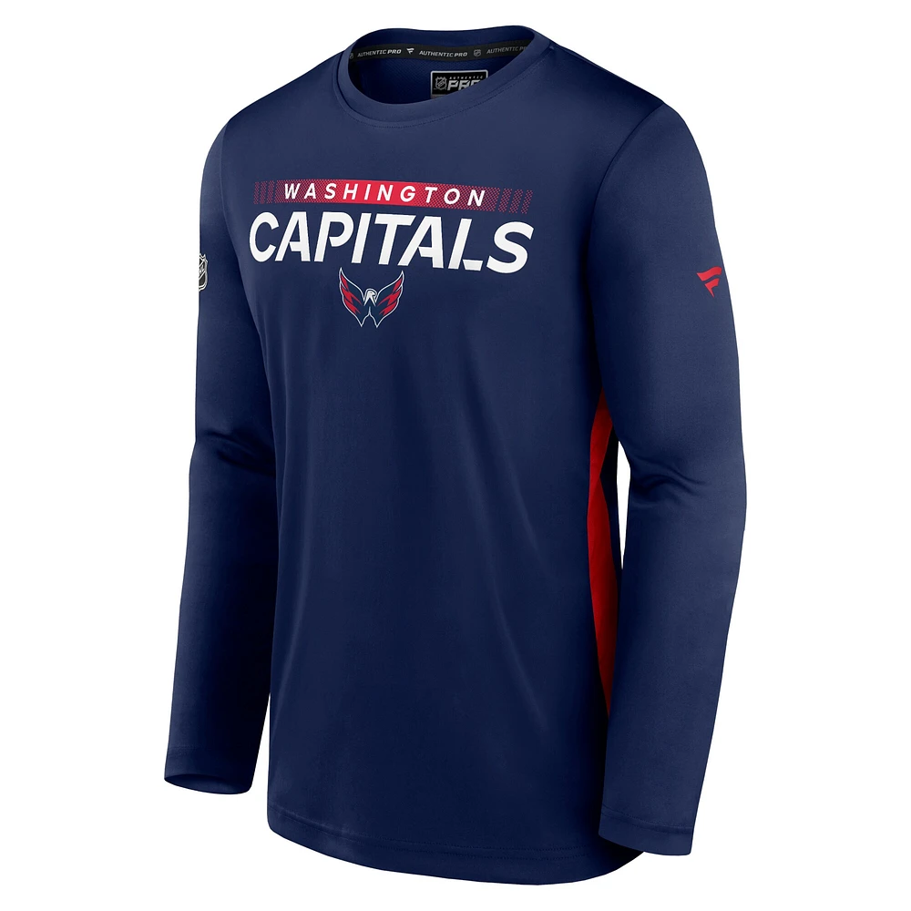 T-shirt à manches longues Fanatics Navy Washington Capitals Authentic Pro Rink Performance pour hommes