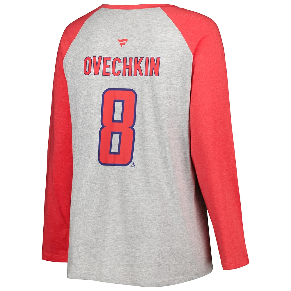 Women's Fanatics Alexander Ovechkin Heather Gray/Heather Red Washington Capitals Plus Name & Number Raglan Long Sleeve T-Shirt