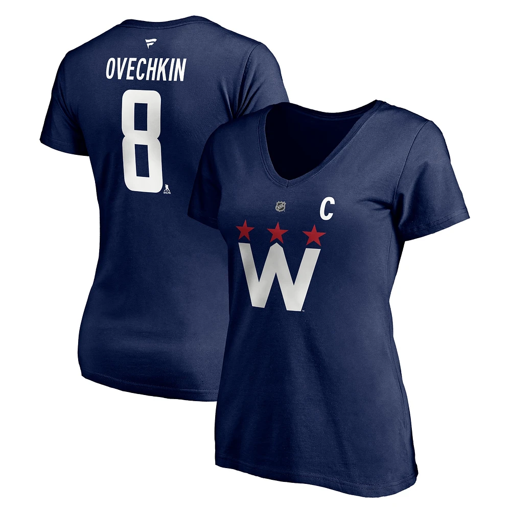 T-shirt à col en V pour femmes Fanatics Alexander Ovechkin, bleu marine, Washington Capitals 2020/21, nom et numéro de pile authentiques alternatifs