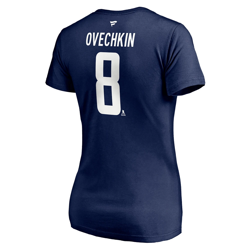 T-shirt à col en V pour femmes Fanatics Alexander Ovechkin, bleu marine, Washington Capitals 2020/21, nom et numéro de pile authentiques alternatifs