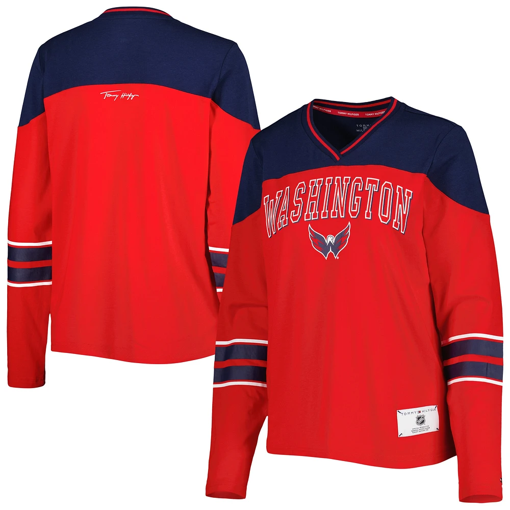 T-shirt rouge à manches longues et col en V Abigail des Washington Capitals de Tommy Hilfiger pour femme