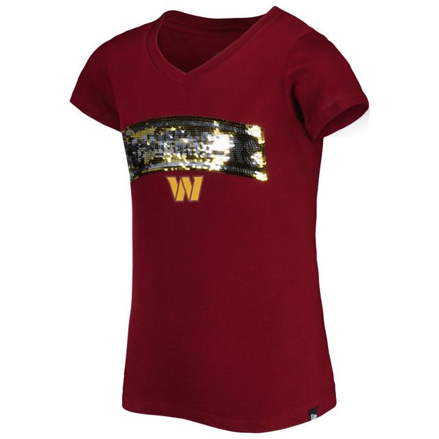 T-shirt à col en V et sequins inversés New Era pour jeunes filles Washington Commanders