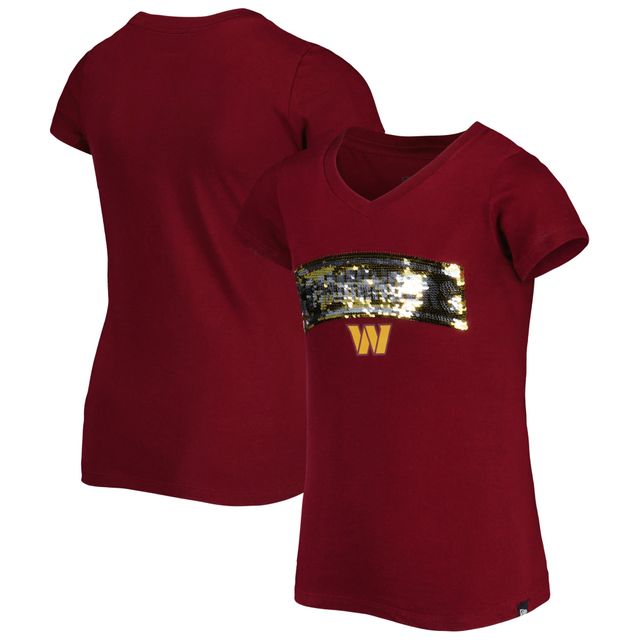 T-shirt à col en V et sequins inversés New Era pour jeunes filles Washington Commanders