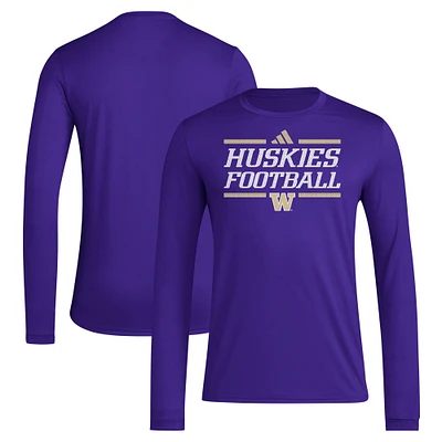 T-shirt à manches longues adidas violet Washington Huskies Locker Football Pre-Game AEROREADY pour homme