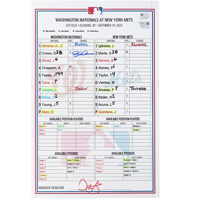 Dylan Crews Washington Nationals Autographed Game-Used Lineup Card vs. New York Mets on September 18, 2024