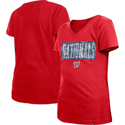 T-shirt à col en V rouge Washington Nationals Flip Sequin Team New Era pour jeune fille