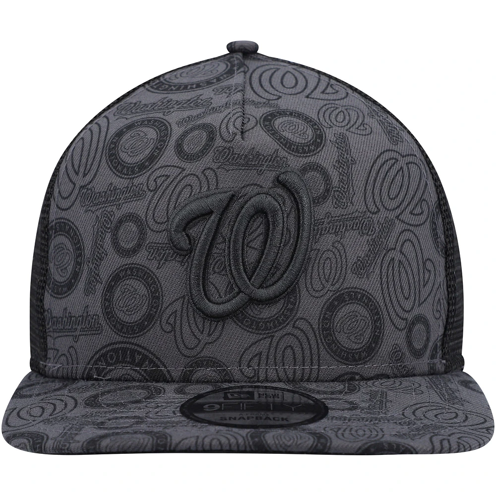 Men's New Era Black Washington Nationals Repeat A-Frame 9FIFTY Trucker Snapback Hat