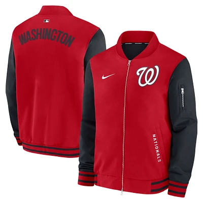 Veste aviateur entièrement zippée Nike Washington Nationals Authentic Collection Dugout pour homme Rouge/bleu marine