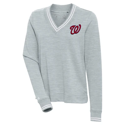 Sweat-shirt à col en V Parker Antigua Heather Grey pour femme des Nationals de Washington