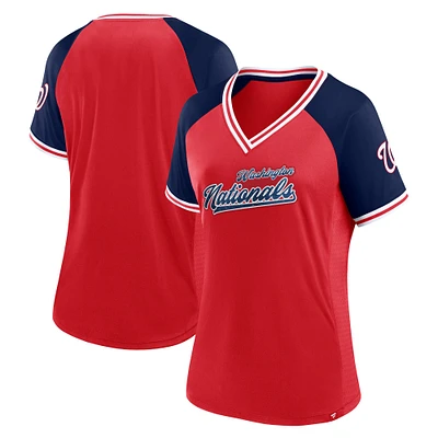 T-shirt rouge à col en V Fanatics pour femmes des Nationals de Washington Glitz & Glam League Diva Raglan