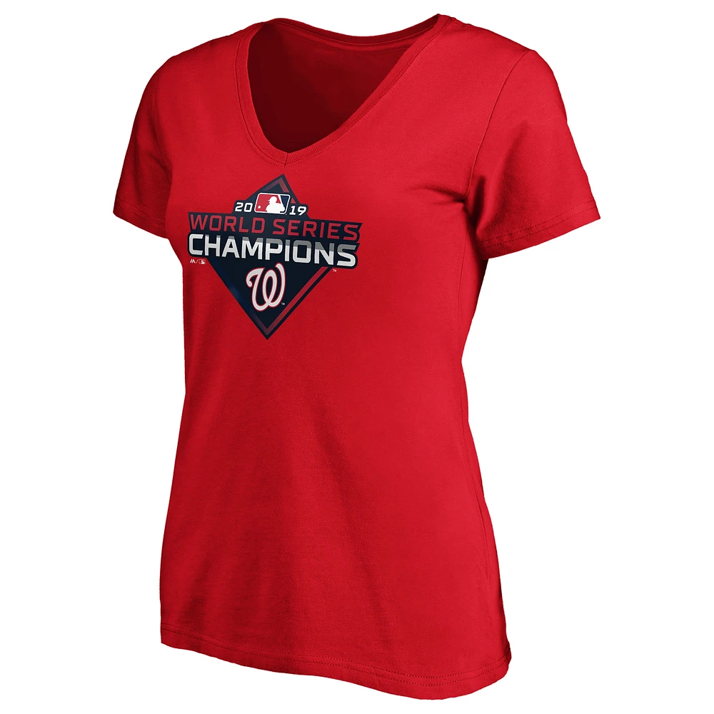 Women's Majestic Red Washington Nationals 2019 World Series Champions Logo V-Neck T-Shirt