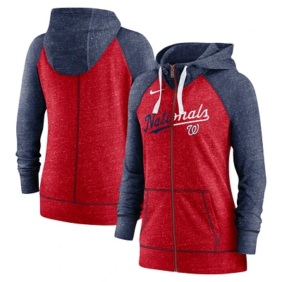 Sweat à capuche léger entièrement zippé Nike Heather Red/Heather Navy Washington Nationals Split Wordmark Gym Vintage Raglan pour femme
