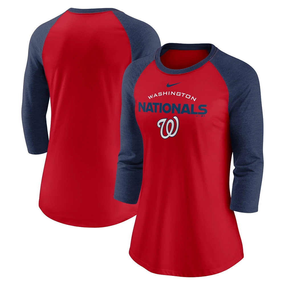 T-shirt à manches 3/4 Nike rouge/marine Washington Nationals Modern Baseball Arch Tri-Blend Raglan pour femme