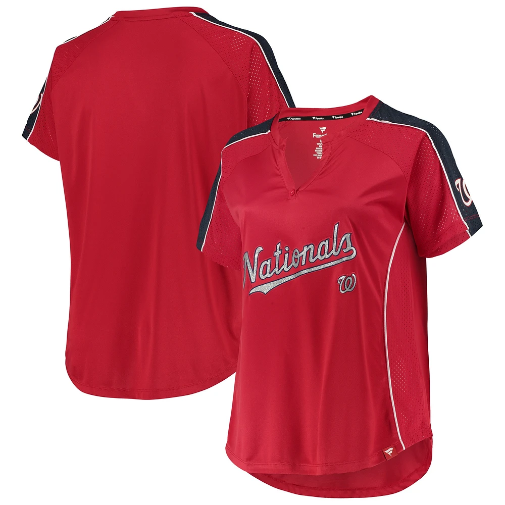 Women's Red Washington Nationals Plus Diva Notch Neck Raglan T-Shirt