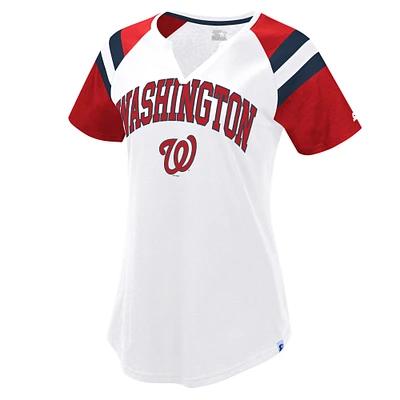 T-shirt raglan Game On Notch Neck blanc/rouge pour femme des Nationals de Washington