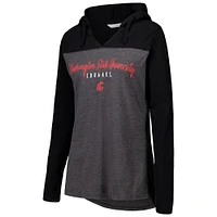 Women's Heather Charcoal Washington State Cougars Knockout Color Block Hoodie V-Neck Long Sleeve T-Shirt