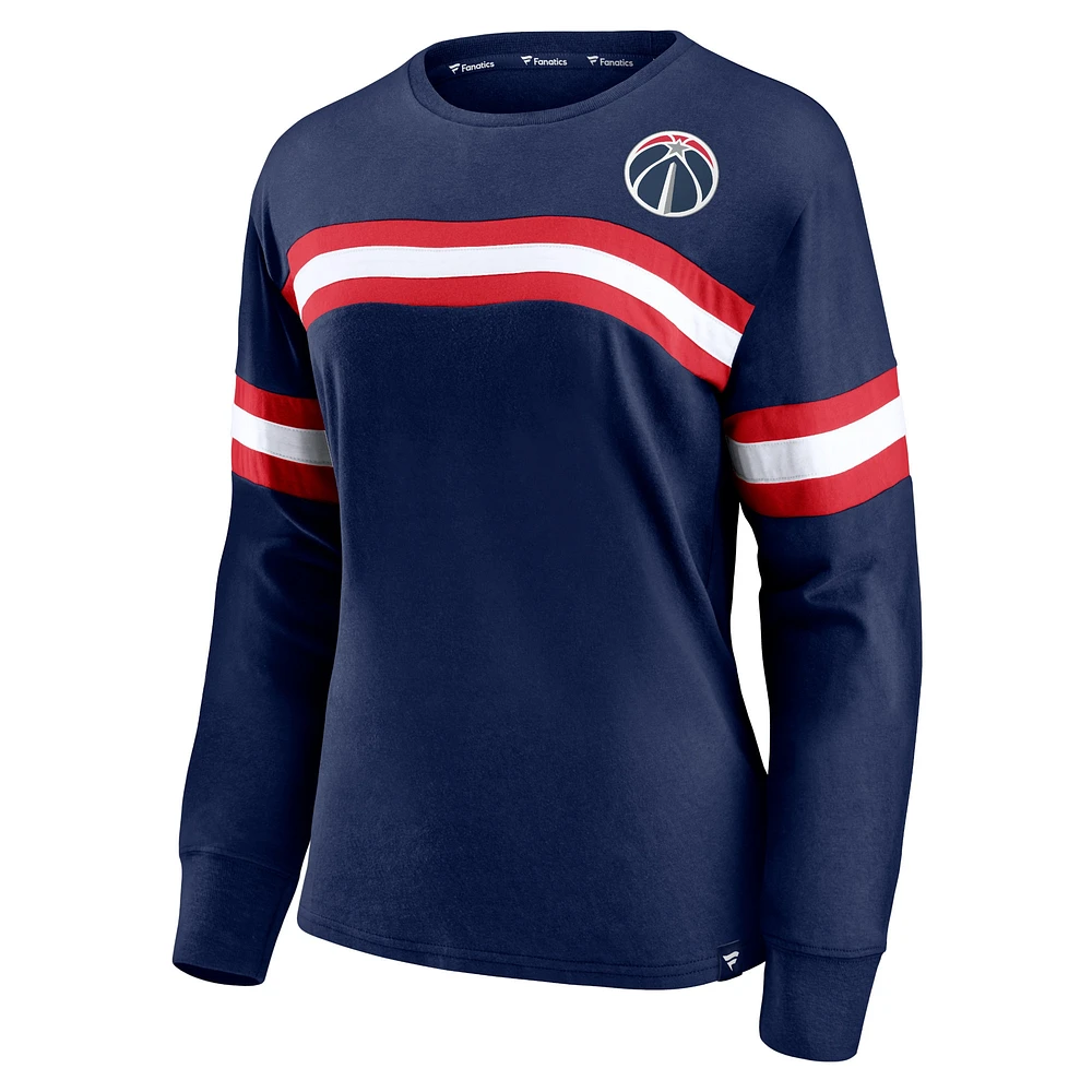 Women's Fanatics Navy Washington Wizards Block Party Chest Logo Striped Long Sleeve T-Shirt
