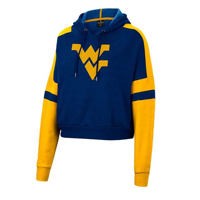 Sweat à capuche court Colosseum Heather Navy West Virginia Mountaineers Throwback Stripe Arch Logo pour femme