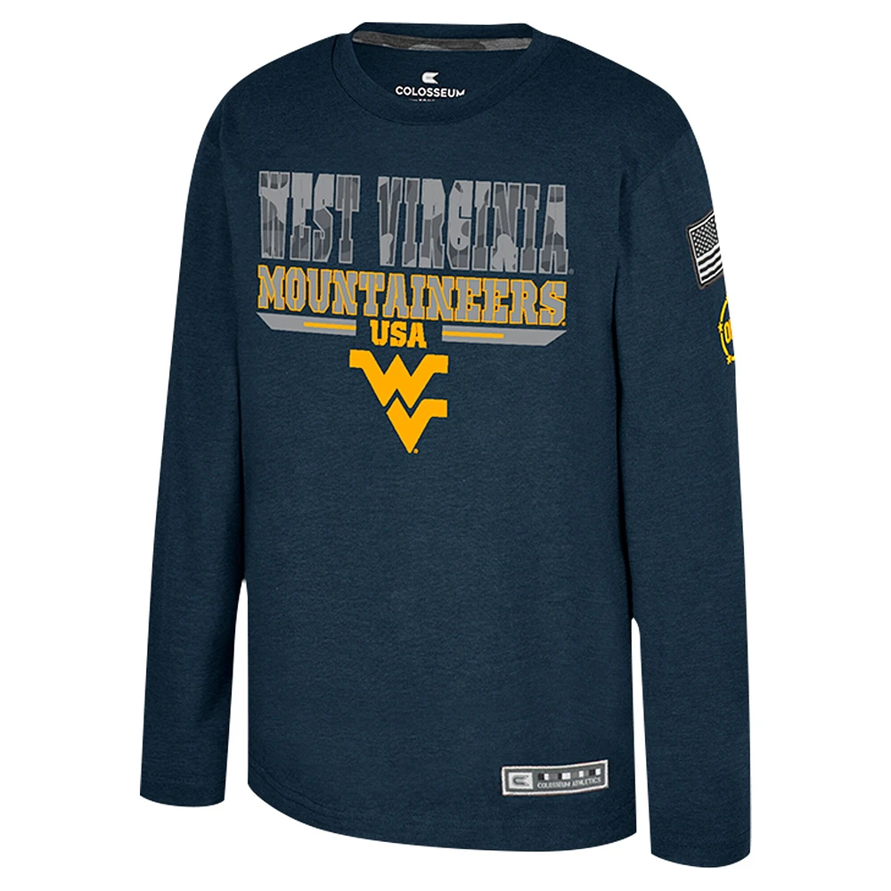 Youth Colosseum Heather Navy West Virginia Mountaineers OHT Military Appreciation Oorah Long Sleeve T-Shirt