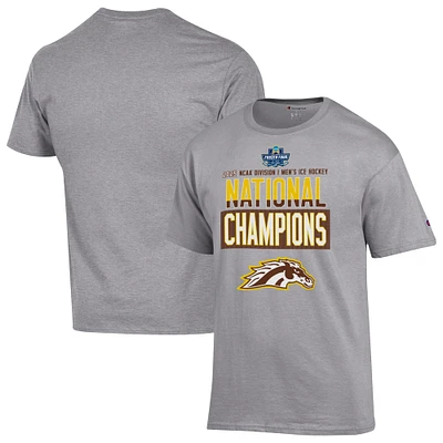 T-shirt unisexe gris Champion Western Michigan Broncos 2025 NCAA Frozen Four pour hommes, champions nationaux de hockey sur glace, vestiaire